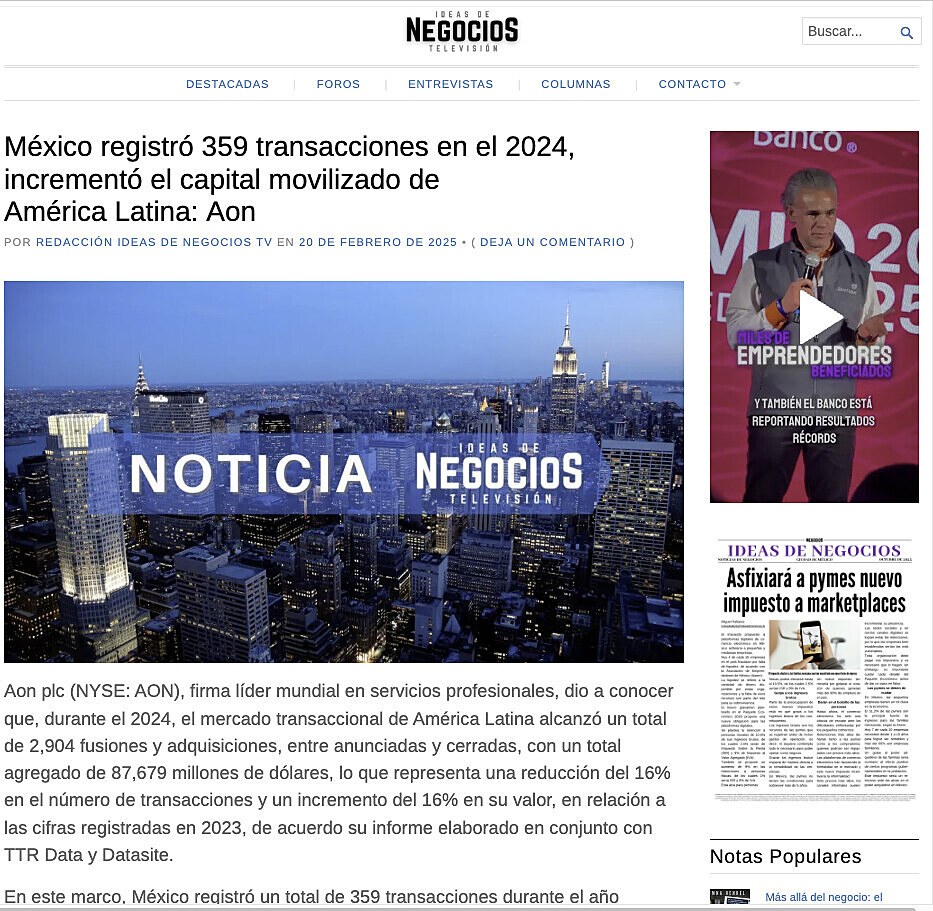 M�xico registr� 359 transacciones en el 2024, increment� el capital movilizado de Am�rica Latina: Aon